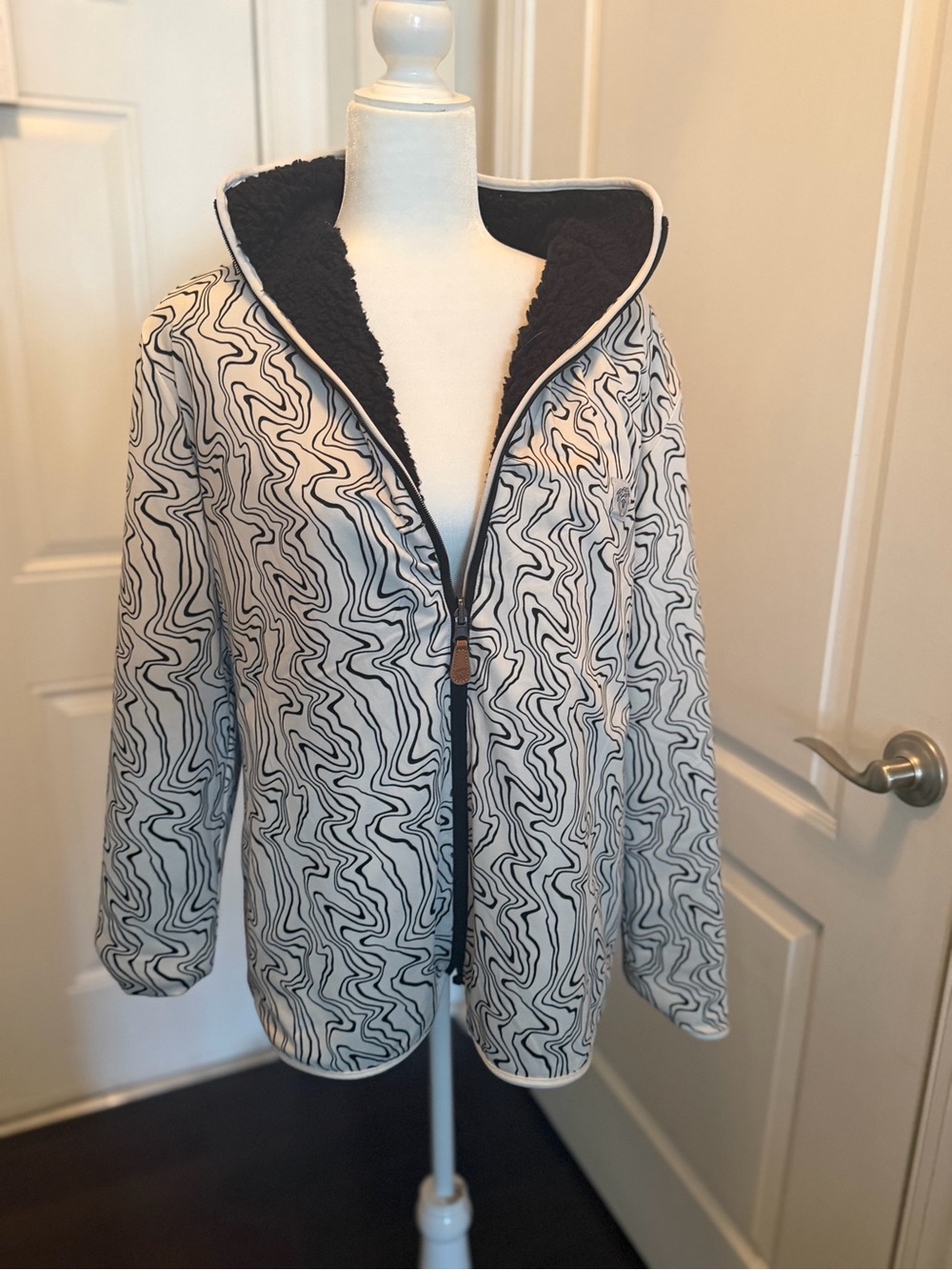 Black Revisable Sherpa Jacket with Patterned Reverse Side